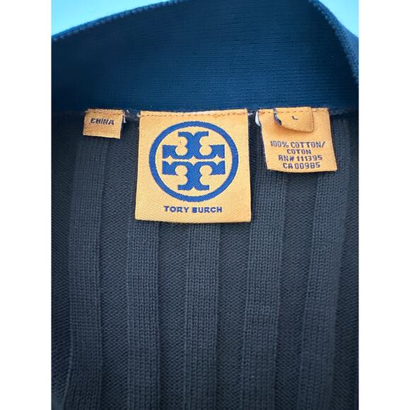 Tory Burch Button Front Cardigan Sweater Brown Blue Trim Goldtone Buttons Sz L - Picture 10 of 12